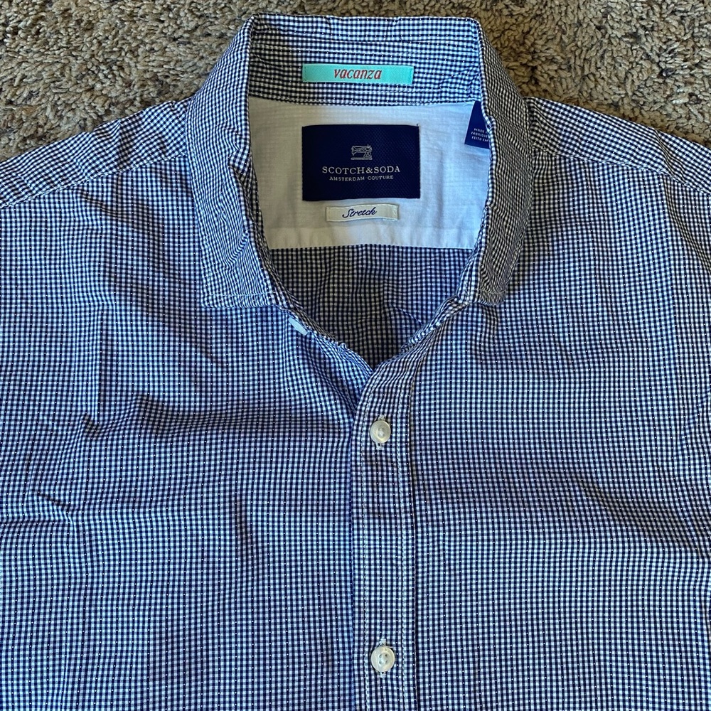 Scotch & Soda Shirt Men Size Medium Button Down Stretch Blue Gingham